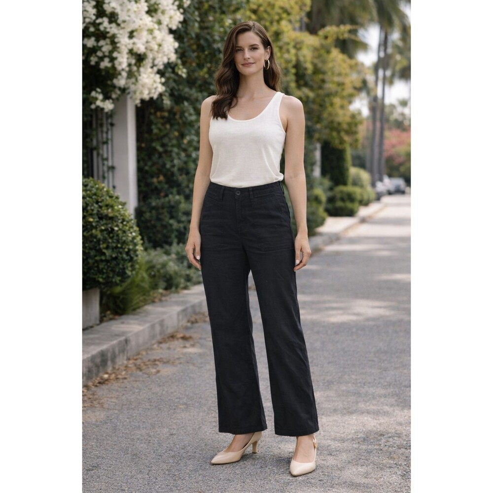 ANTHROPOLOGIE MAEVE Women's Flare Pants 6 Black Linen Blend High Rise Pockets